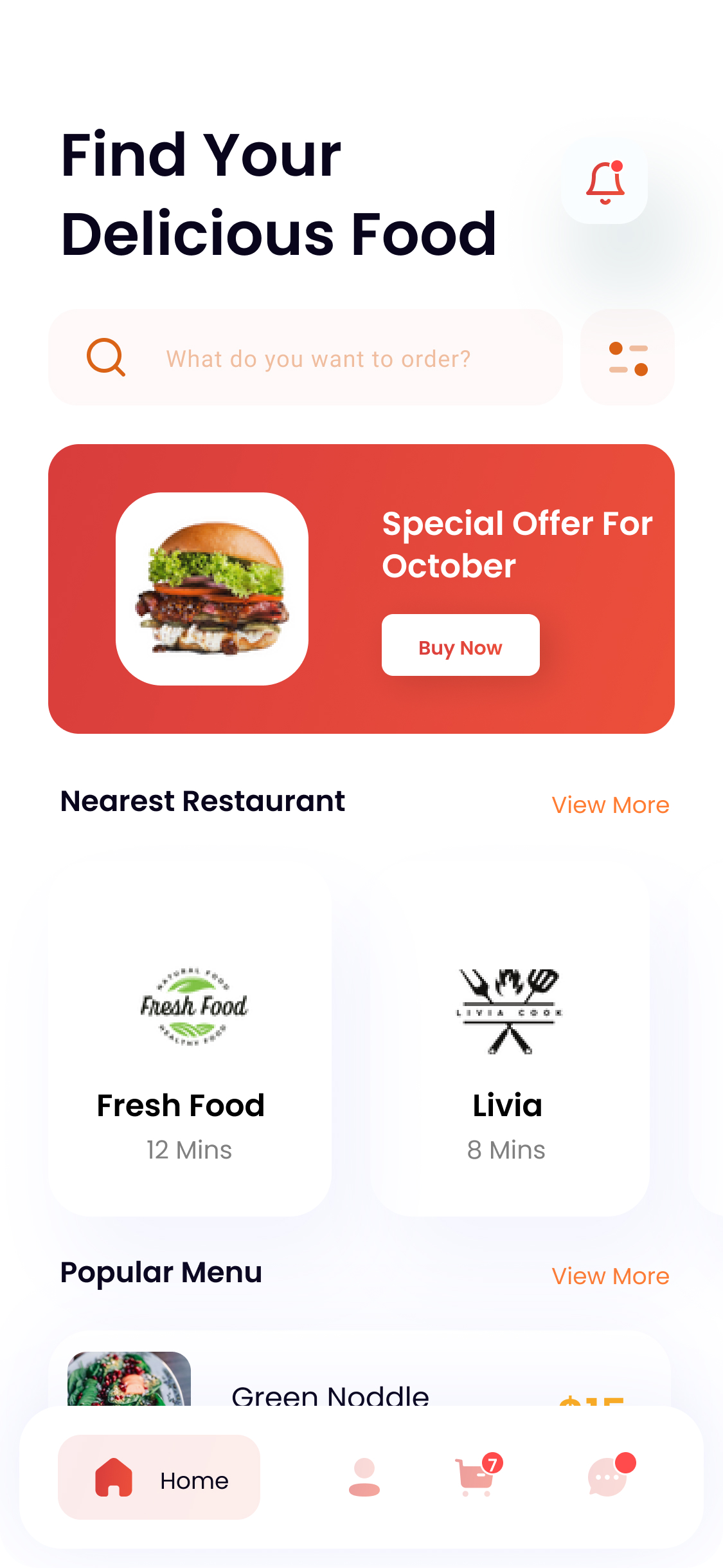 Food Cafe home screen UI design